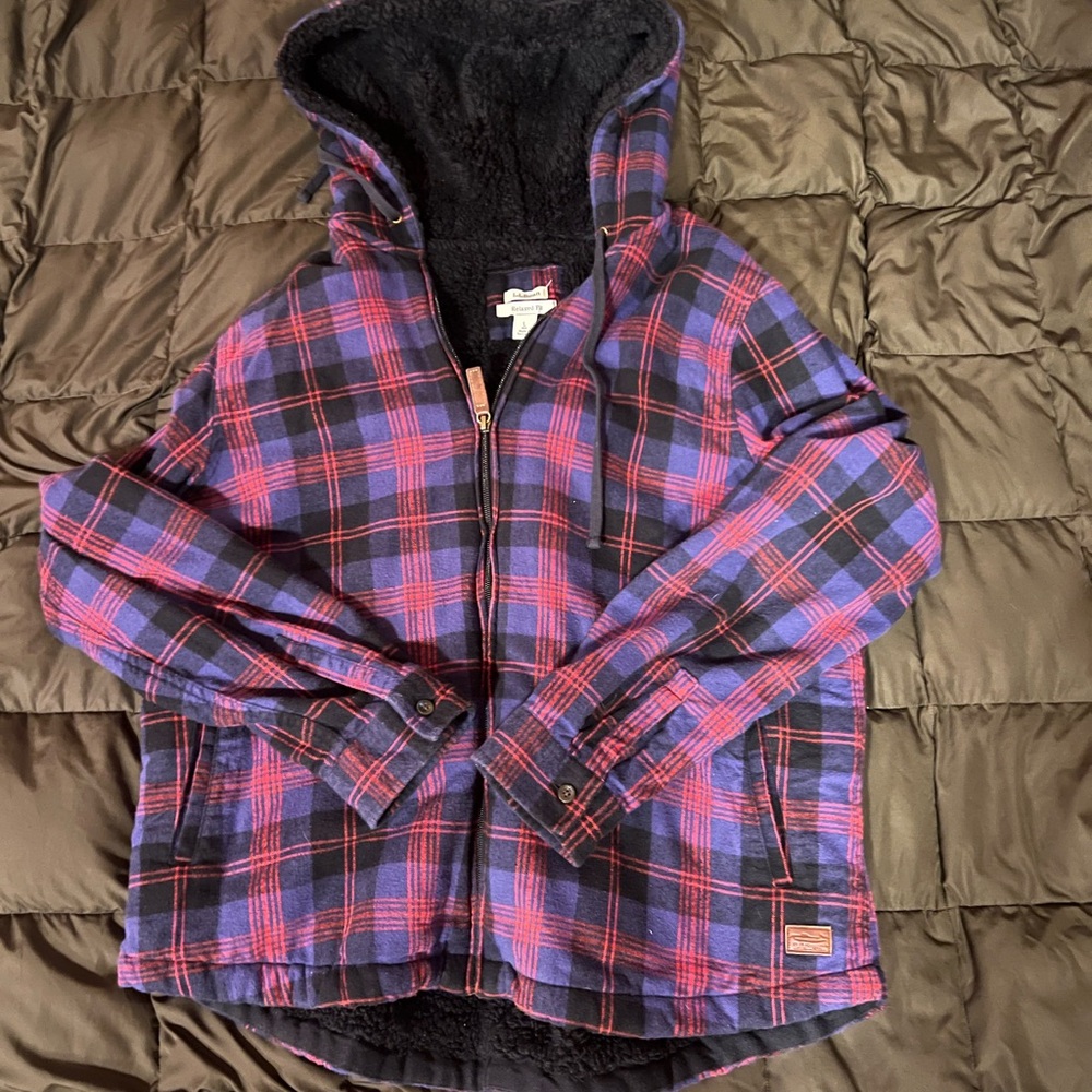 L.L. Bean Women's Plaid Hooded Relaxed Fit Jacket Purple Red Black Size L